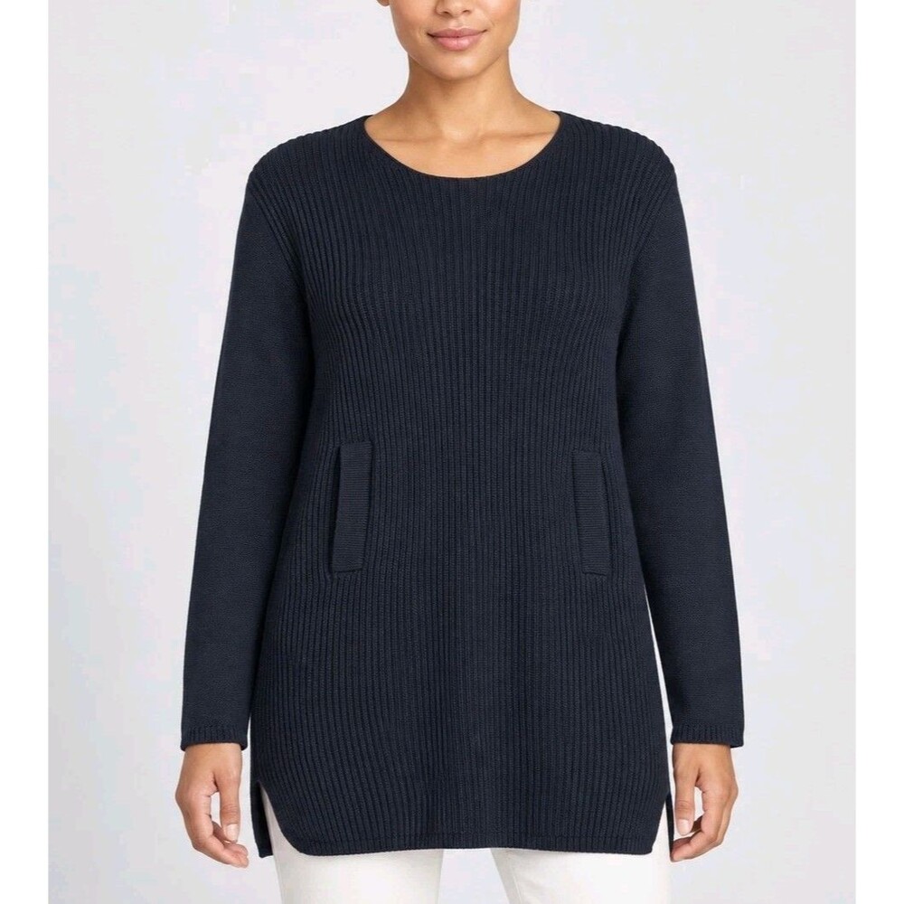 Max Mara FUOCO Sweater L 100% Virgin Wool Navy Blue Ribbed Tunic Chunky Knit